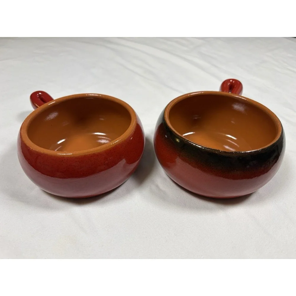 Vintage De Silva Italy Ceramic Soup Crocks Pair Red Terracotta Handled Bowls